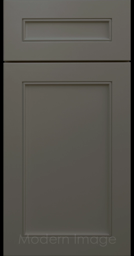 Highland Urbane Bronze painted Shaker kitchen cabinet door with wide rails and a flat center panel.